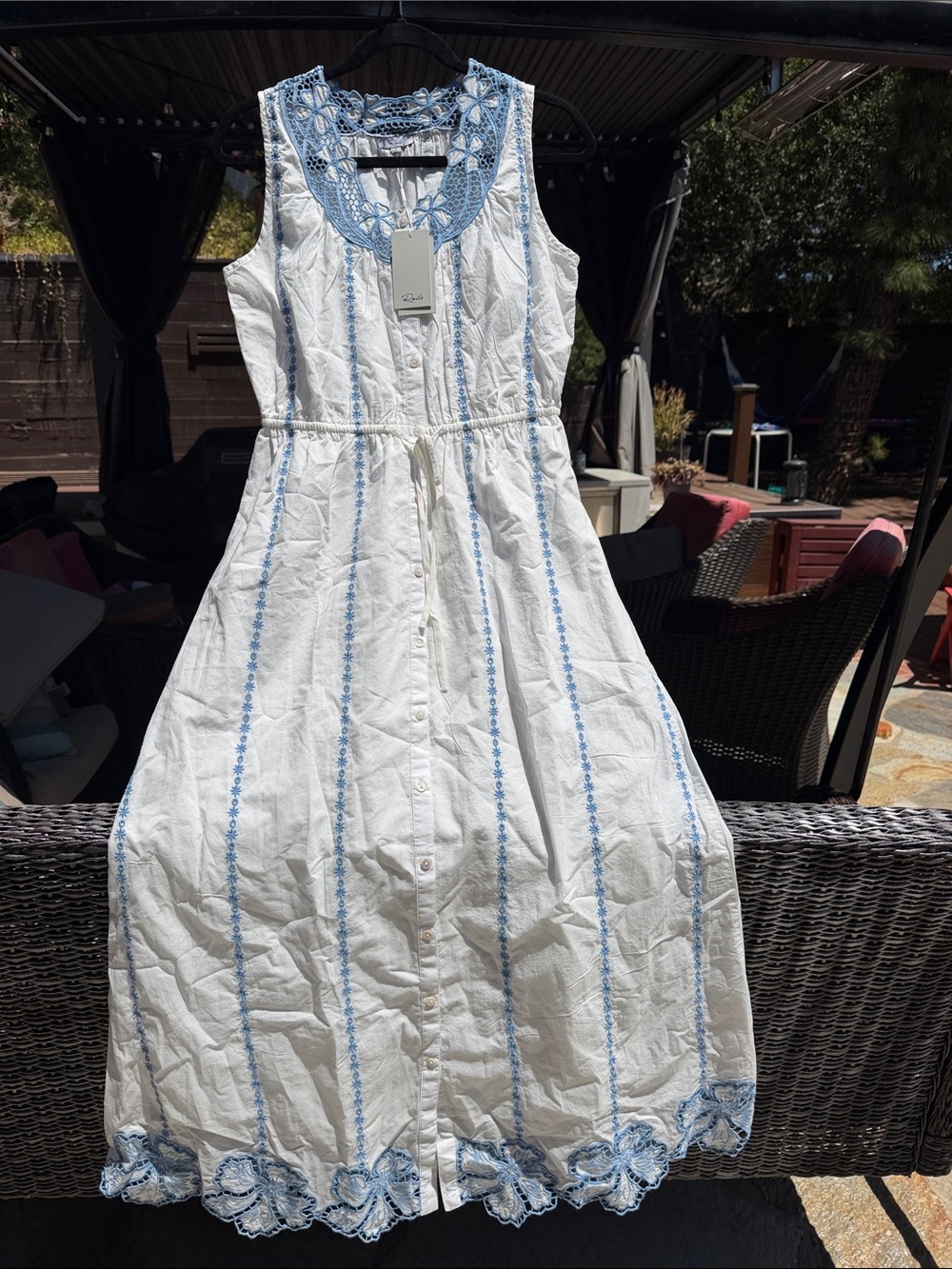 Rails White Sleeveless Midi Dress with Blue Embroidery